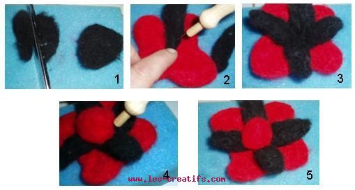 Flower brooch in carded wool: putting the flower together